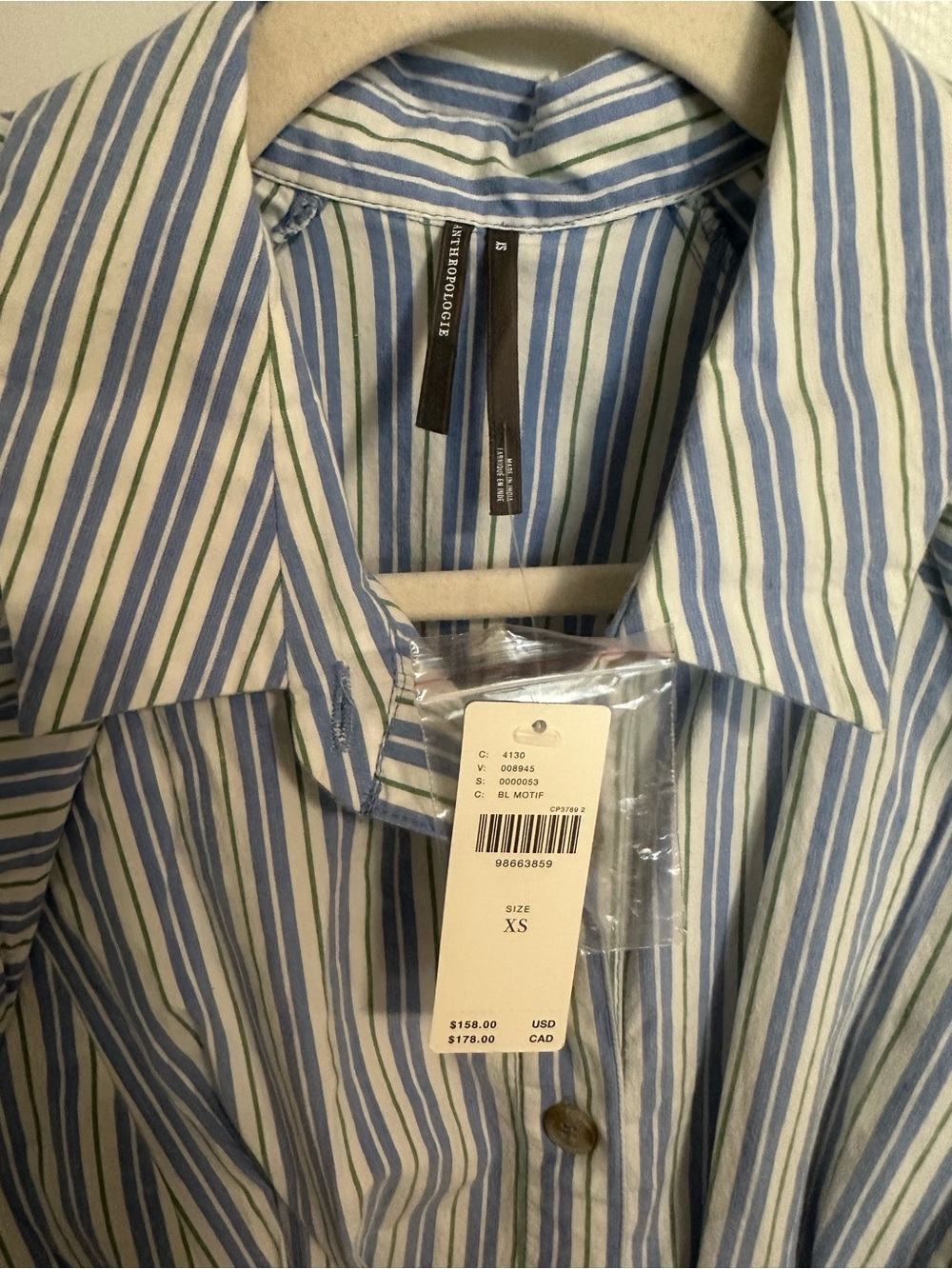 By Anthropologie Puff-Sleeve Mini Shirt Dress Blue and White Stripe Size XS - Picture 7 of 9
